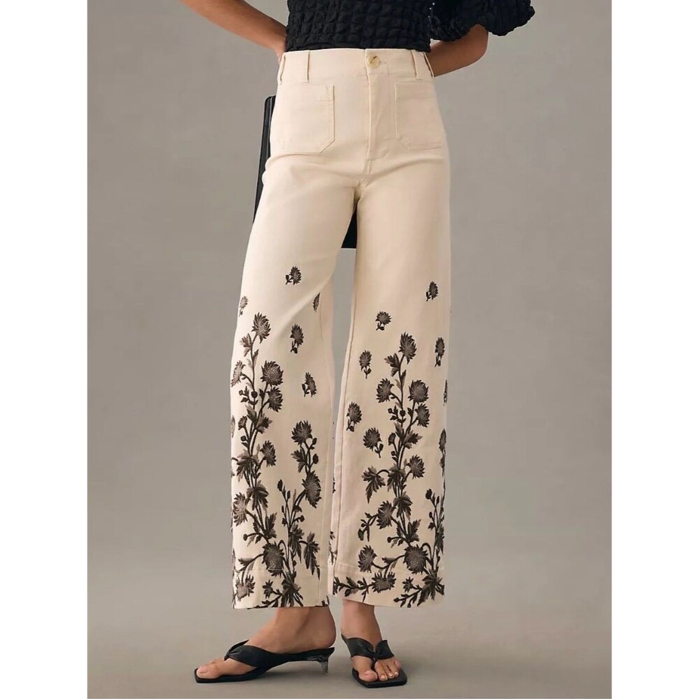 NWOT Maeve Ivory Black The Colette Embroidered Cropped Wide Leg Jeans 31 Petite